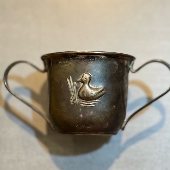 Antique Child Baby Silver Plated Cup Mug Double Handle Embossed Duck Unique Cute